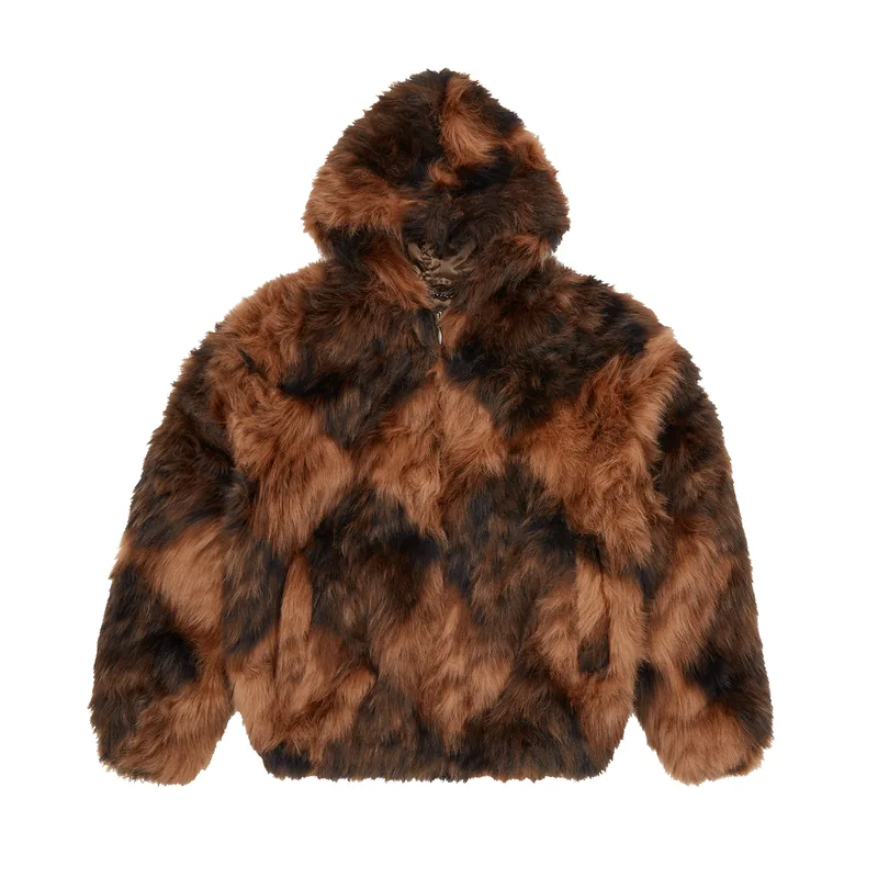 DIAMOND HOODED FUR JACKET [BROWN], front view (1 of 5)