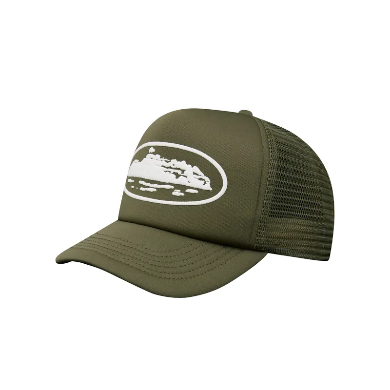 ISLAND PUFF PRINT TRUCKER HAT [OLIVE], front view (1 of 2)